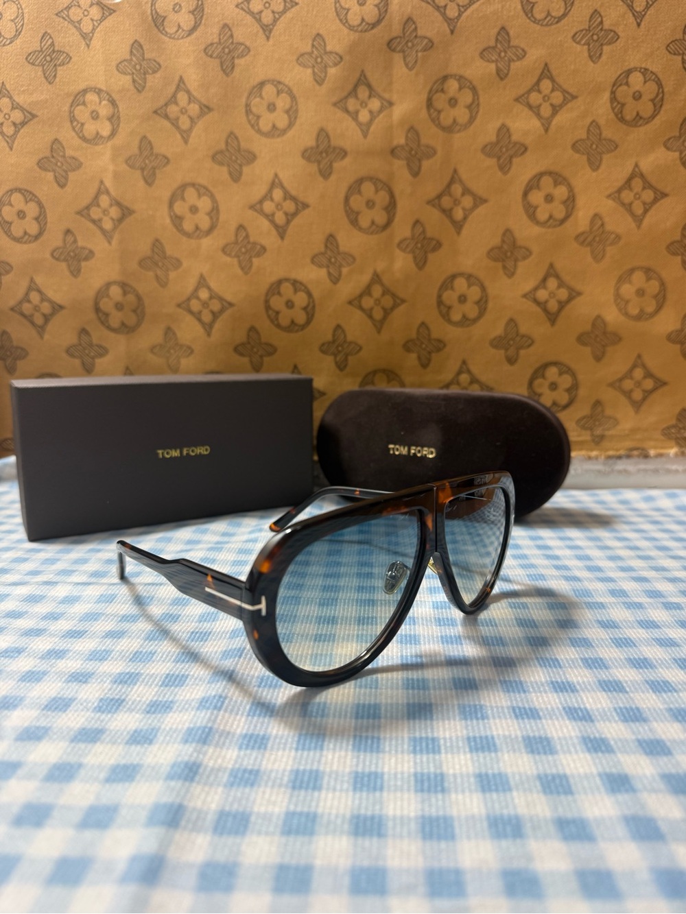 Tom Ford Tortoiseshell Sunglasses with Blue Lenses